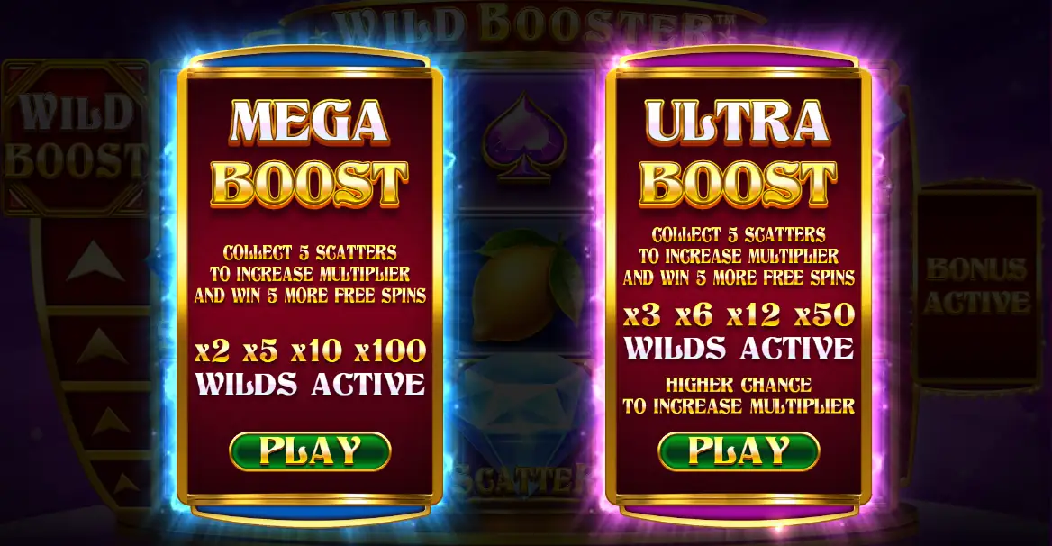 Wild Booster bonus choice screen showing the Mega Boost and Ultra Boost panels
