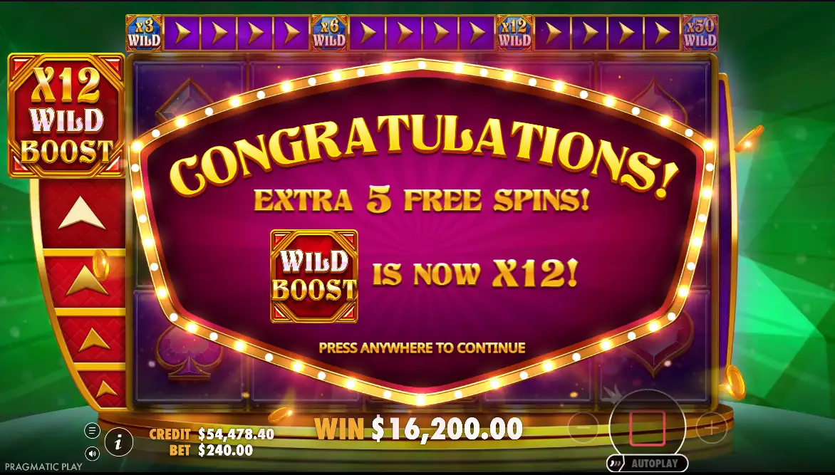 Wild Booster round awarding extra spins and lifting the Wild Boost meter to x12