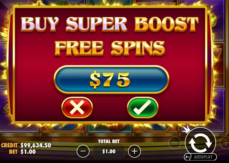 Wild Booster purchase window quoting the Super Boost round against a one dollar bet