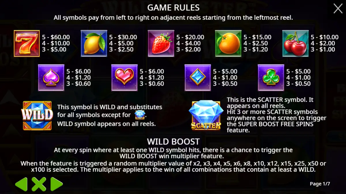 Wild Booster rules screen listing symbol payouts beside the Wild and the Scatter