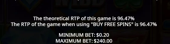 Wild Booster information screen stating the theoretical RTP and the bet limits