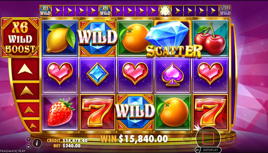 Wild Booster reels under an x6 Wild Boost with two Wild symbols and a Scatter in view